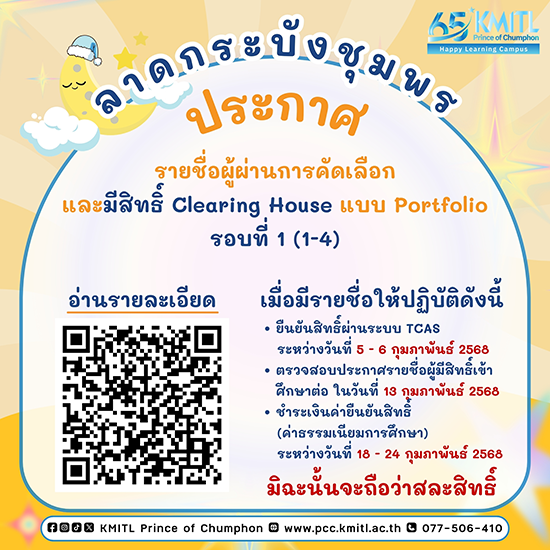 ประกาศรายชื่อผู้ผ่านการคัดเลือกและมีสิทธิ์ Clearing House รอบ Portfolio TCAS1.4  ลาดกระบังชุมพร