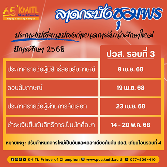 เปลี่ยนกำหนดการสอบสัมภาษณ์ ปวส. เทียบโอน รอบที่ 3 ปีการศึกษา 2568