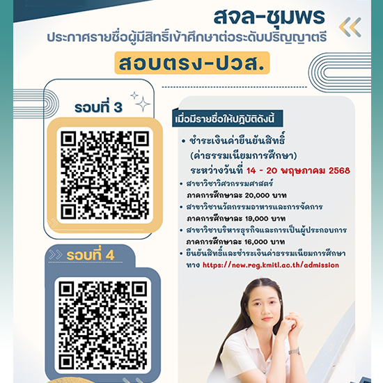 ประกาศรายชื่อผู้มีสิทธิ์เข้าศึกษาต่อ ปวส.เทียบโอน รอบที่ 3 และ 4